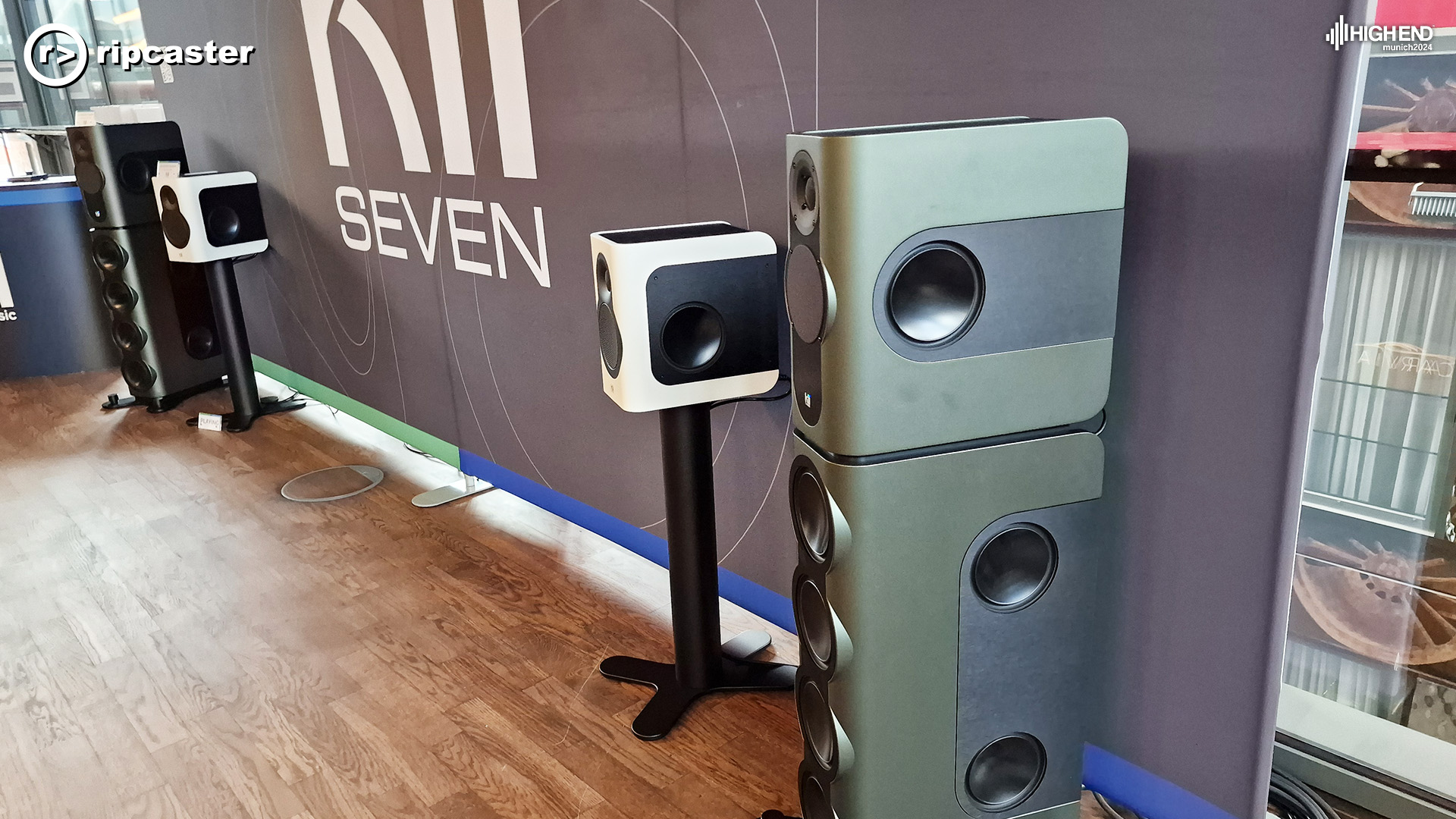 A different angle of the two pairs of Kii speakers.  Kii BXT and Kii Sevens