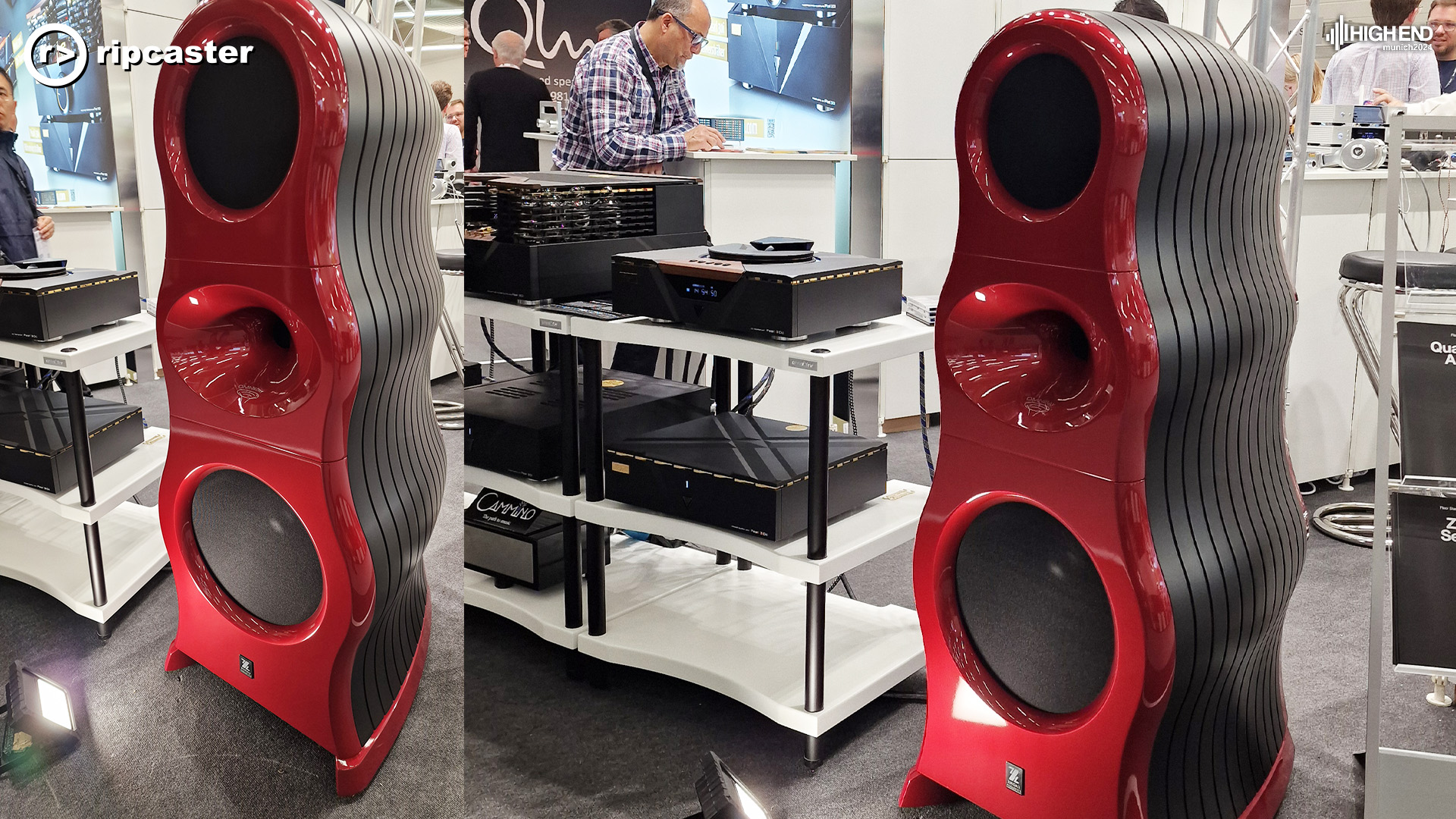 Two different images of the same red floorstanding speaker
