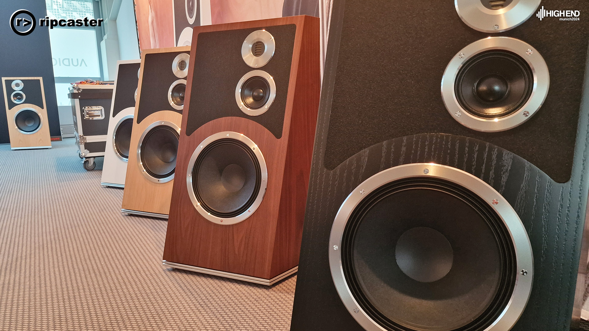 The new Audiovector Trapeze Ri loudspeakers in each of the finishes.