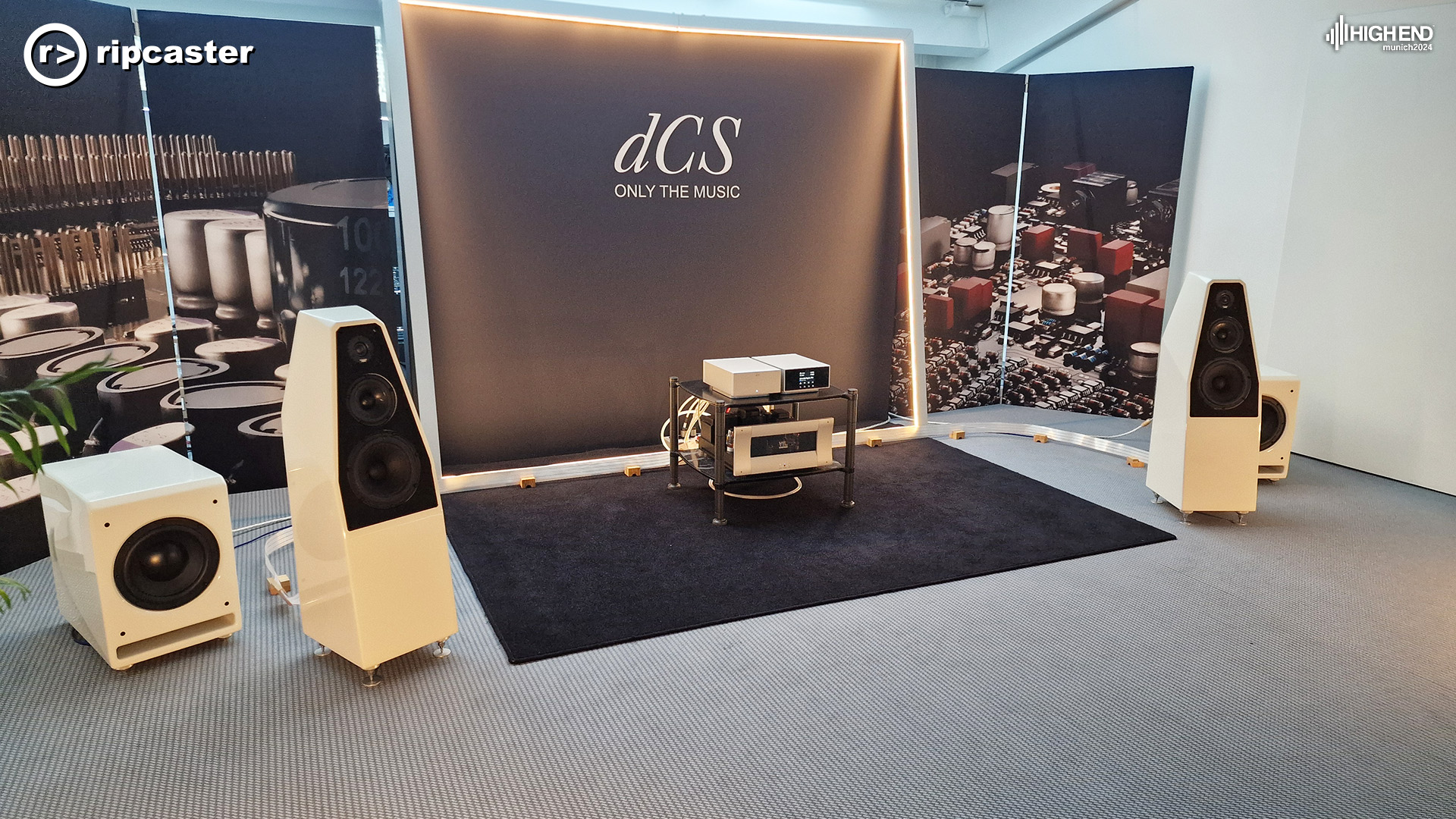 dcs "only the music".  Two pairs of speakers either side of some HiFi equipment on a low stand