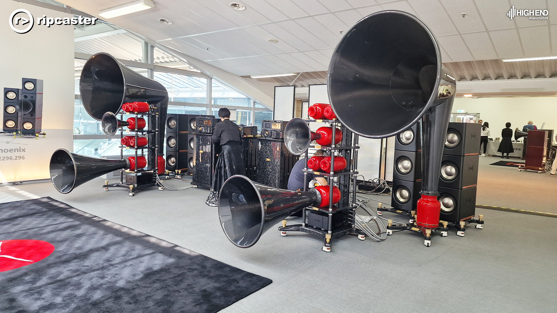 Huge funnel or trumpet speakers.  Black and red.
