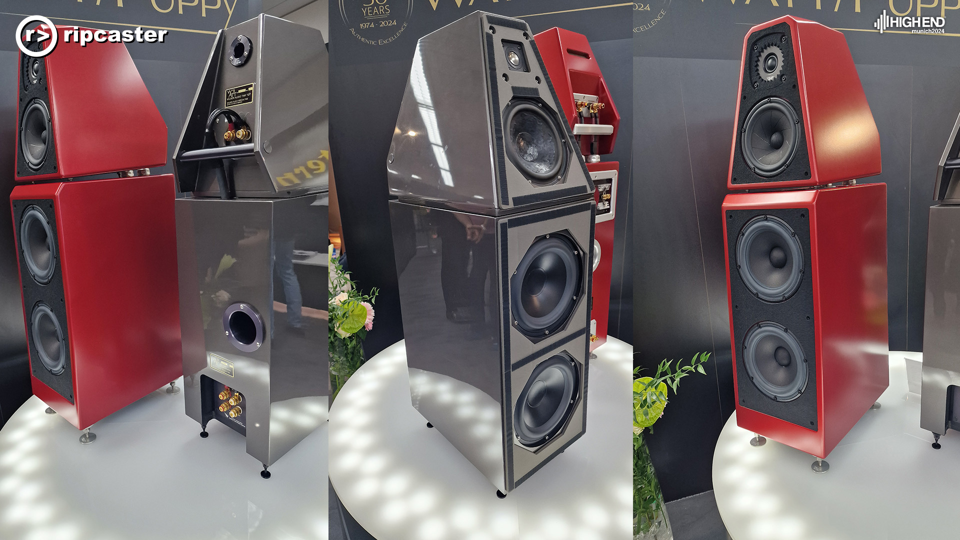 Three images of the same red and grey speakers.  Large floorstanding speakers on a white plinth