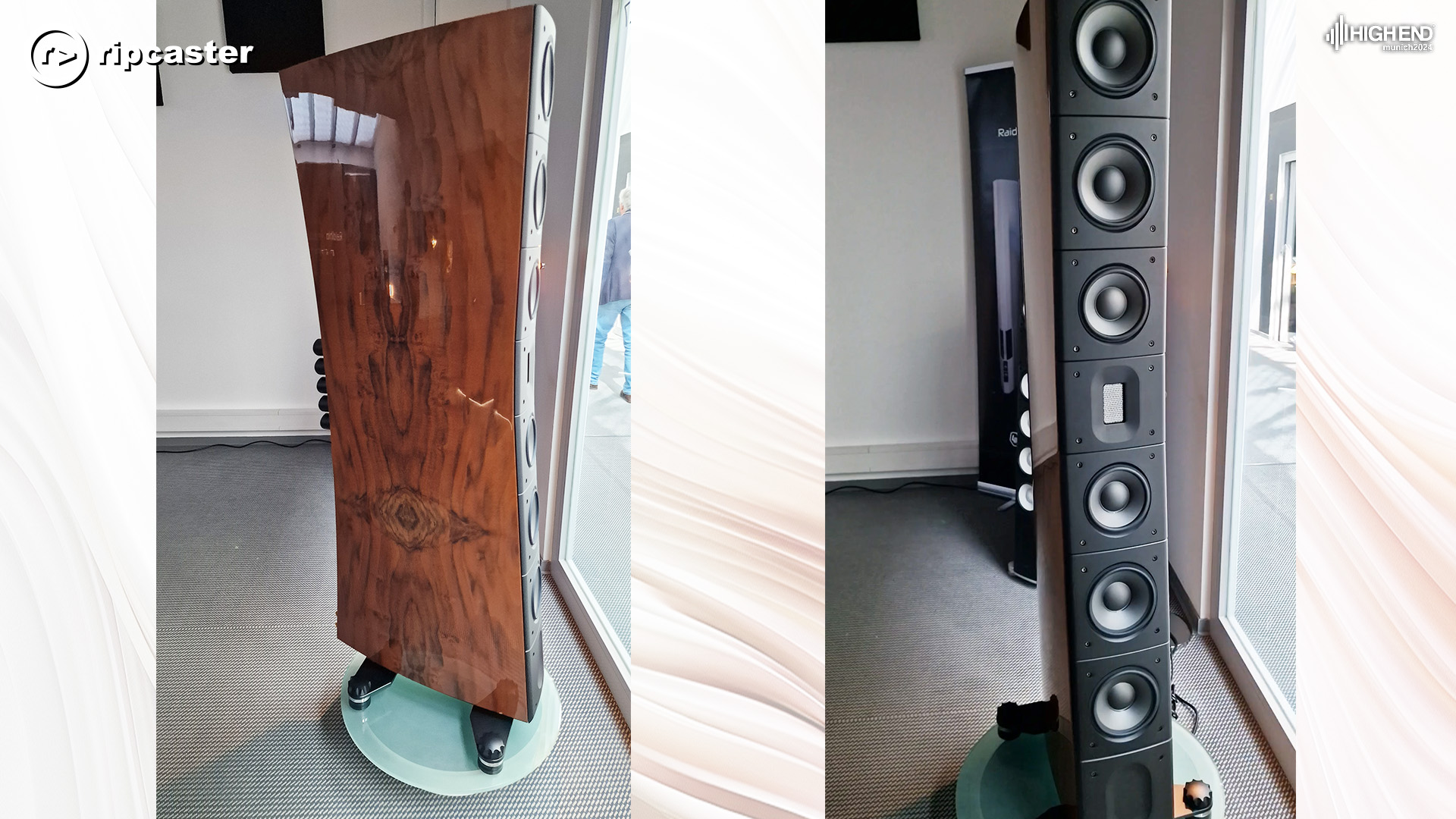 Two different views of the same speaker.  A tall floorstanding speaker. 