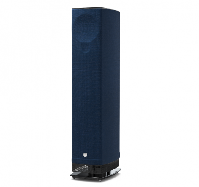 Linn Series 5 530 Exakt Active Speaker in blueberry with a black glass stand