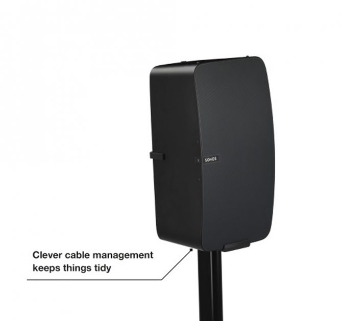 Flexson Floor Stand Play5 x1 with a vertically placed Sonos Play:5 and the words "clever cable management keeps things tidy".