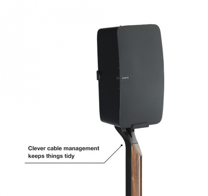 Flexson Premium Floor Stand Five x1 in black with the Sonos Play:5 vertically placed and the words "clever cable management keeps things tidy".