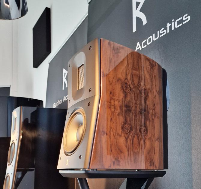 Raidho Acoustics TD1.2 Speaker in the burl finish.  Photo taken at the Munich HiFi show in 2024