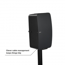 Flexson Floor Stand Play5 x1 with a vertically placed Sonos Play:5 and the words "clever cable management keeps things tidy".