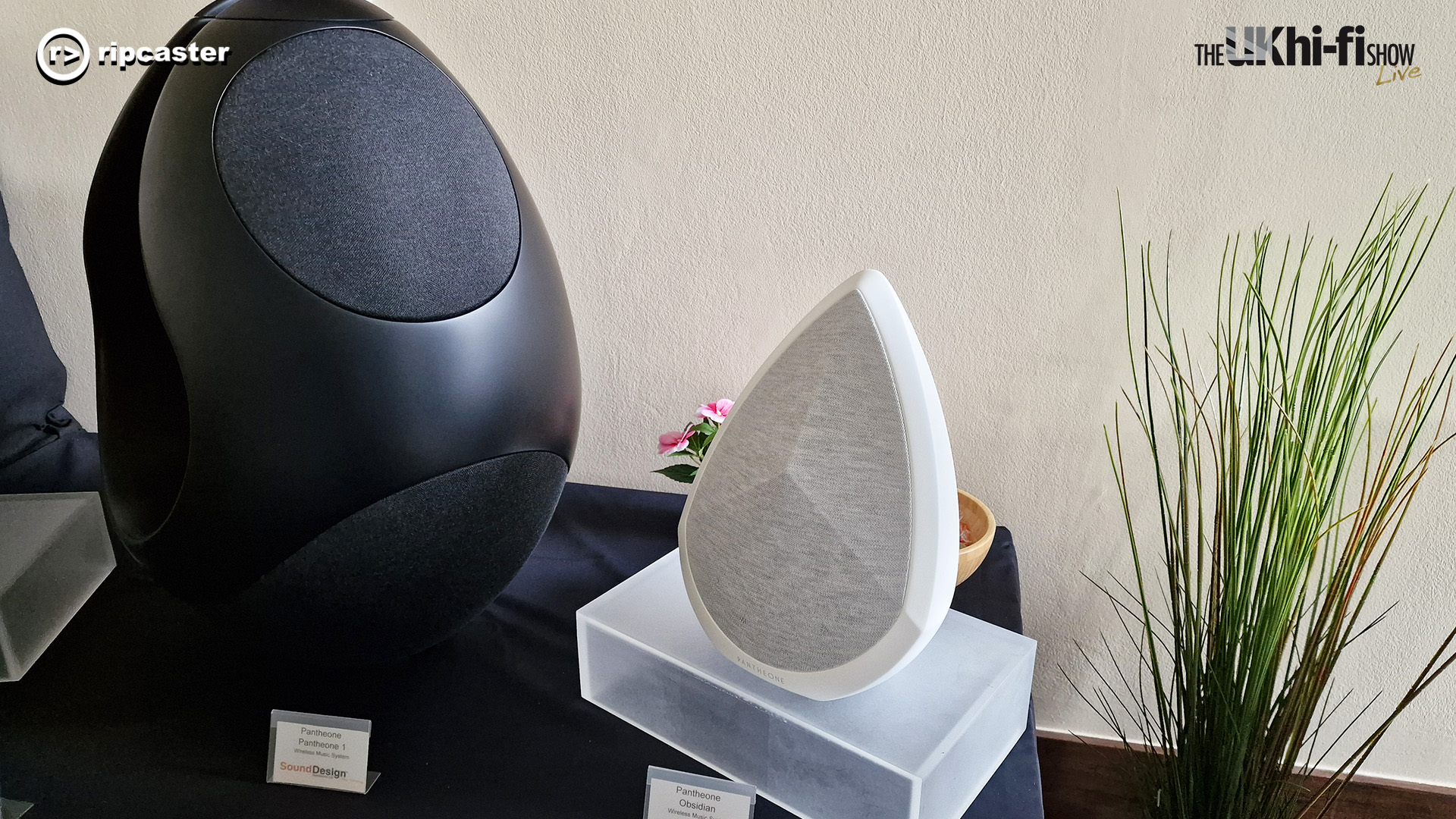 Two small speakers.  One black and one white