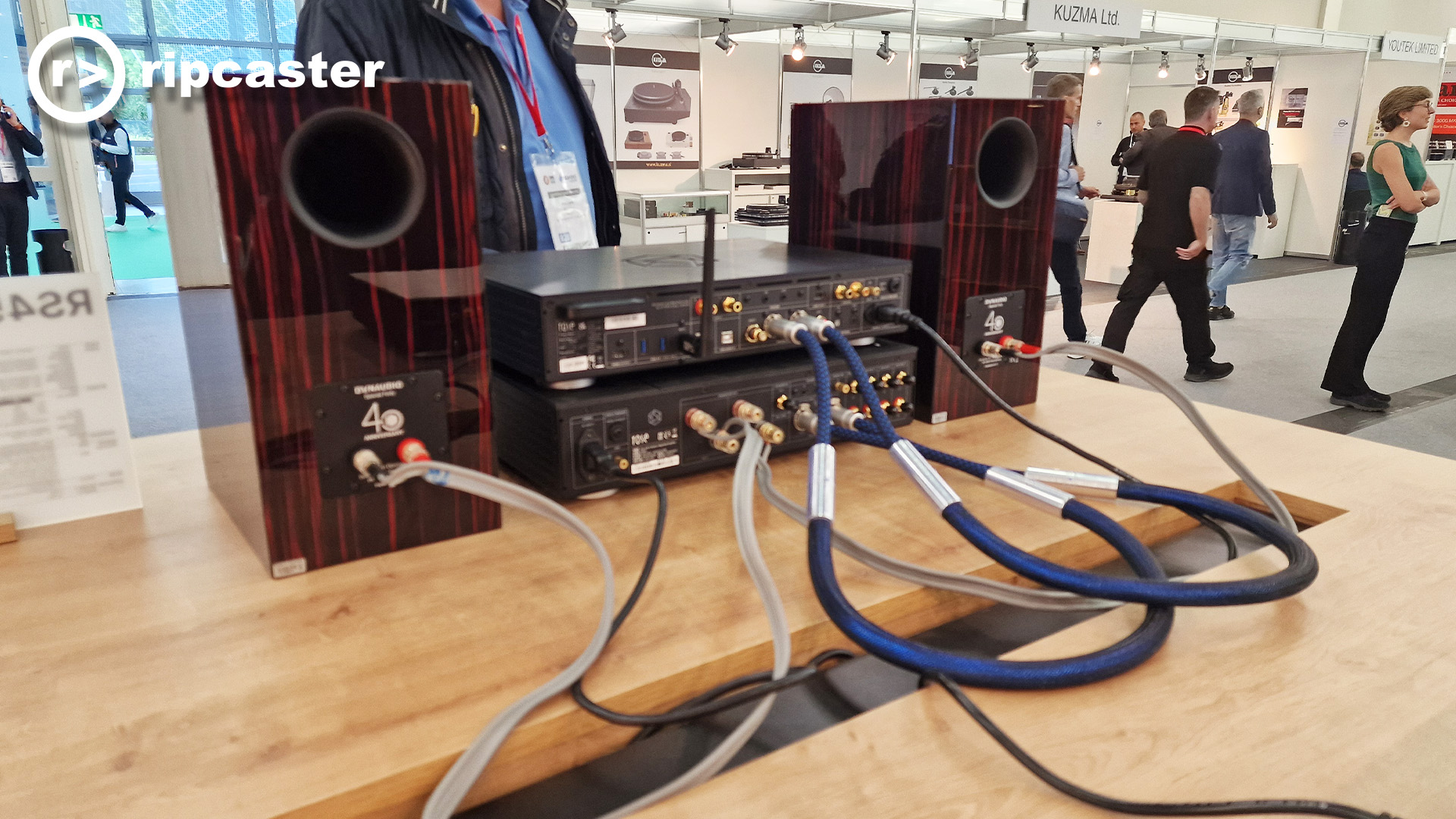 The HiFi show - the back of some speakers and HiFi units and people including a woman