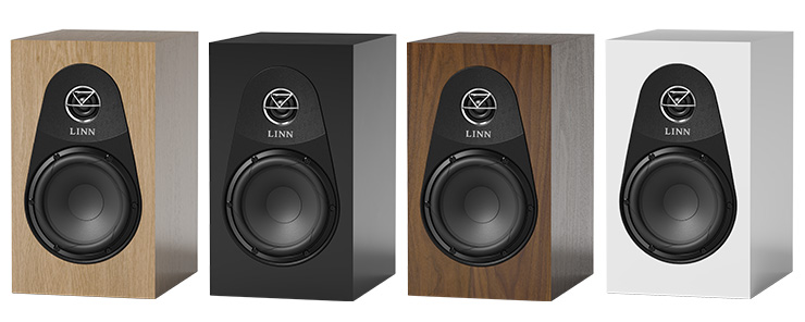 Linn 119 speaker in all four finishes lined up beside each other