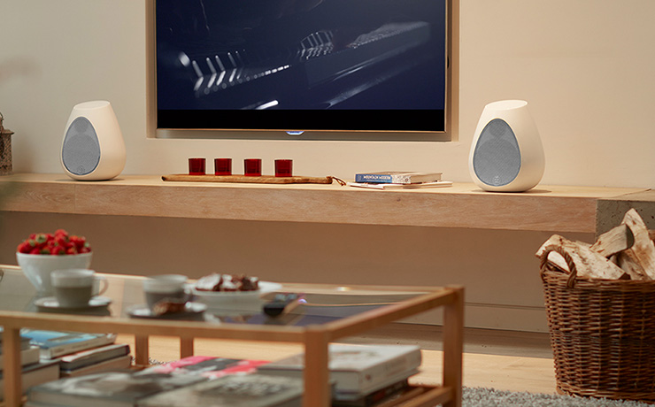 Linn series 3 speakers either side of a tv screen in a living area