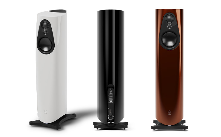 The Linn 343 speaker viewed front and side, rear and front-facing.