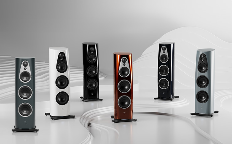 Six Linn 360 speakers one in each finish