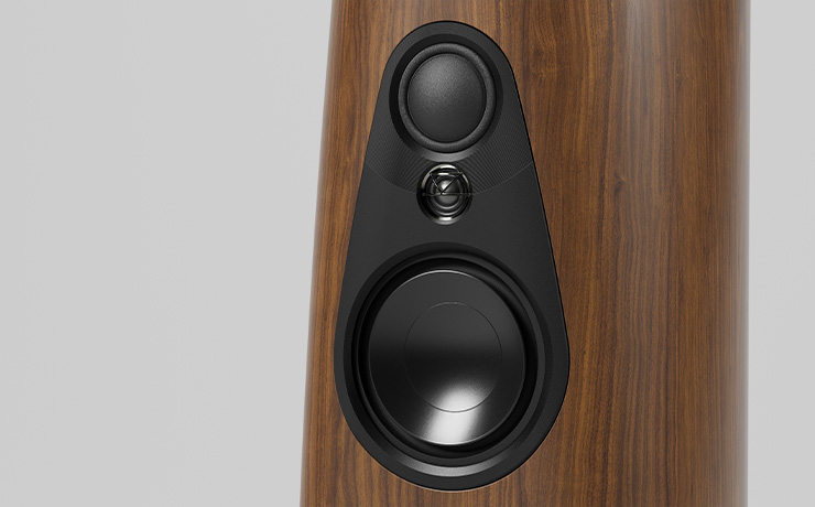 The top driver array on a walnut speaker