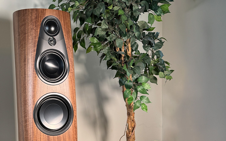 The Linn 360 speaker in walnut - close view of the top section. It's in the ripcaster showroom and beside a tall artificial indoor plant