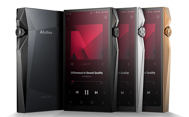 Four Astell & Kern SP4000 music players - one of each finish and a black one with it's back facing