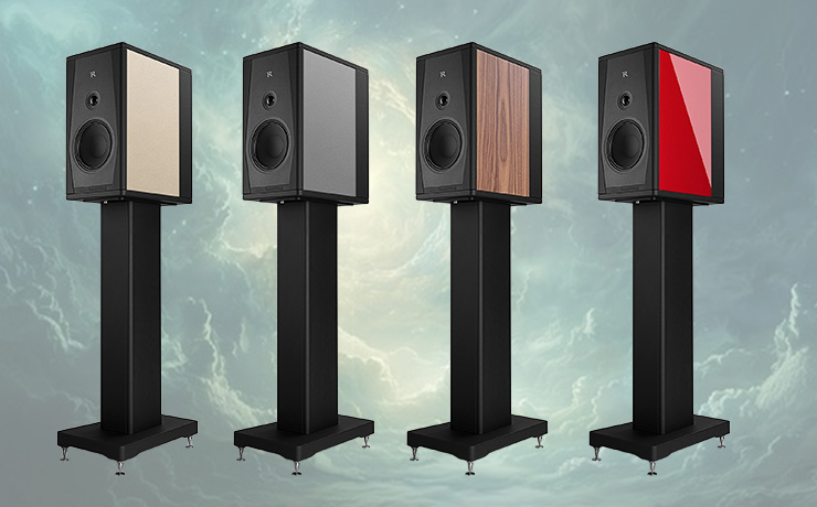 Four Rosso Arno 20 speakers each in a different finish on a background of clouds