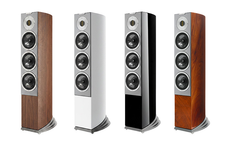 Four Audiovector R5 loudspeakers, one in each of the finishes