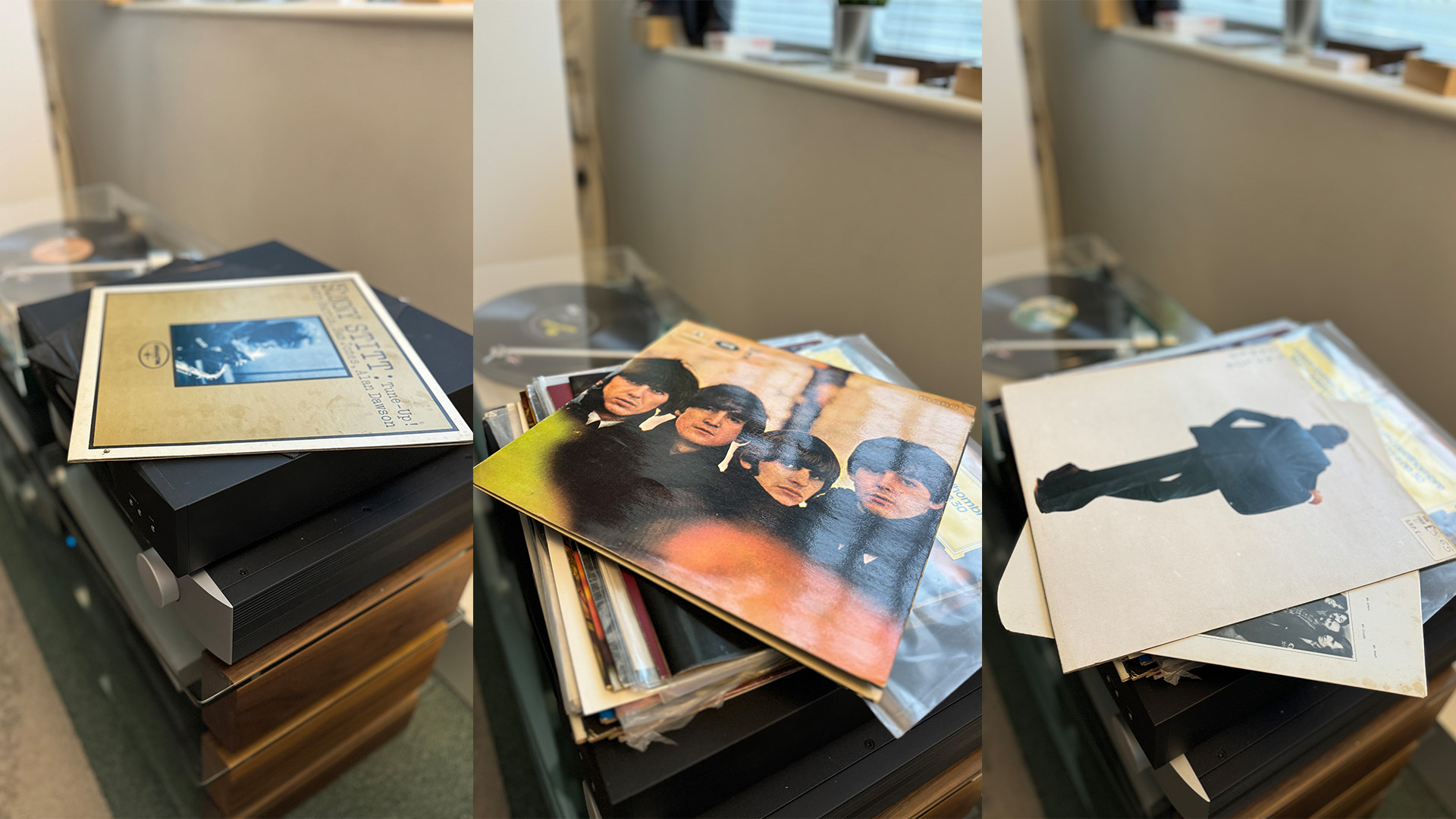 Three images together.  Each showing a vinyl sleeve face-up.  The middle one is a Beatles album