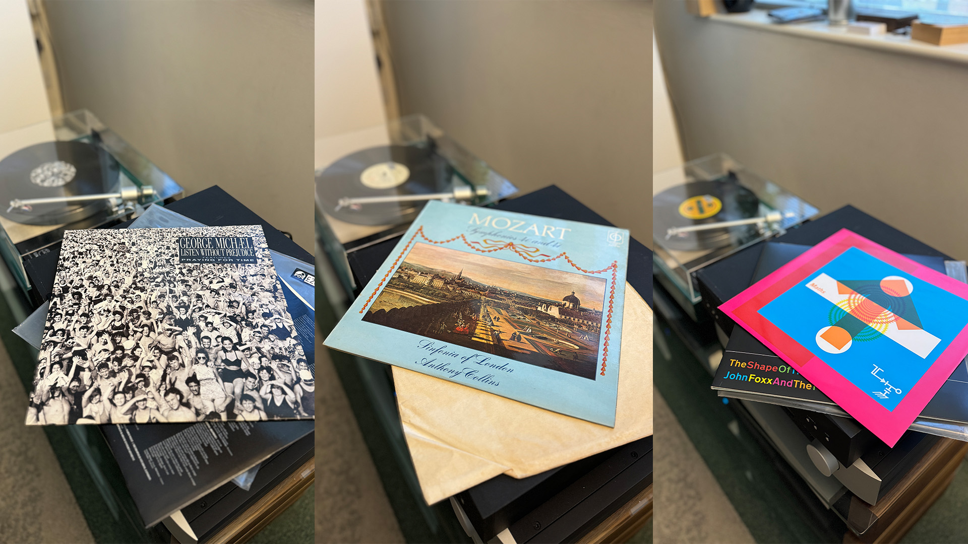 Three images of vinyl sleeves side-by-side.  