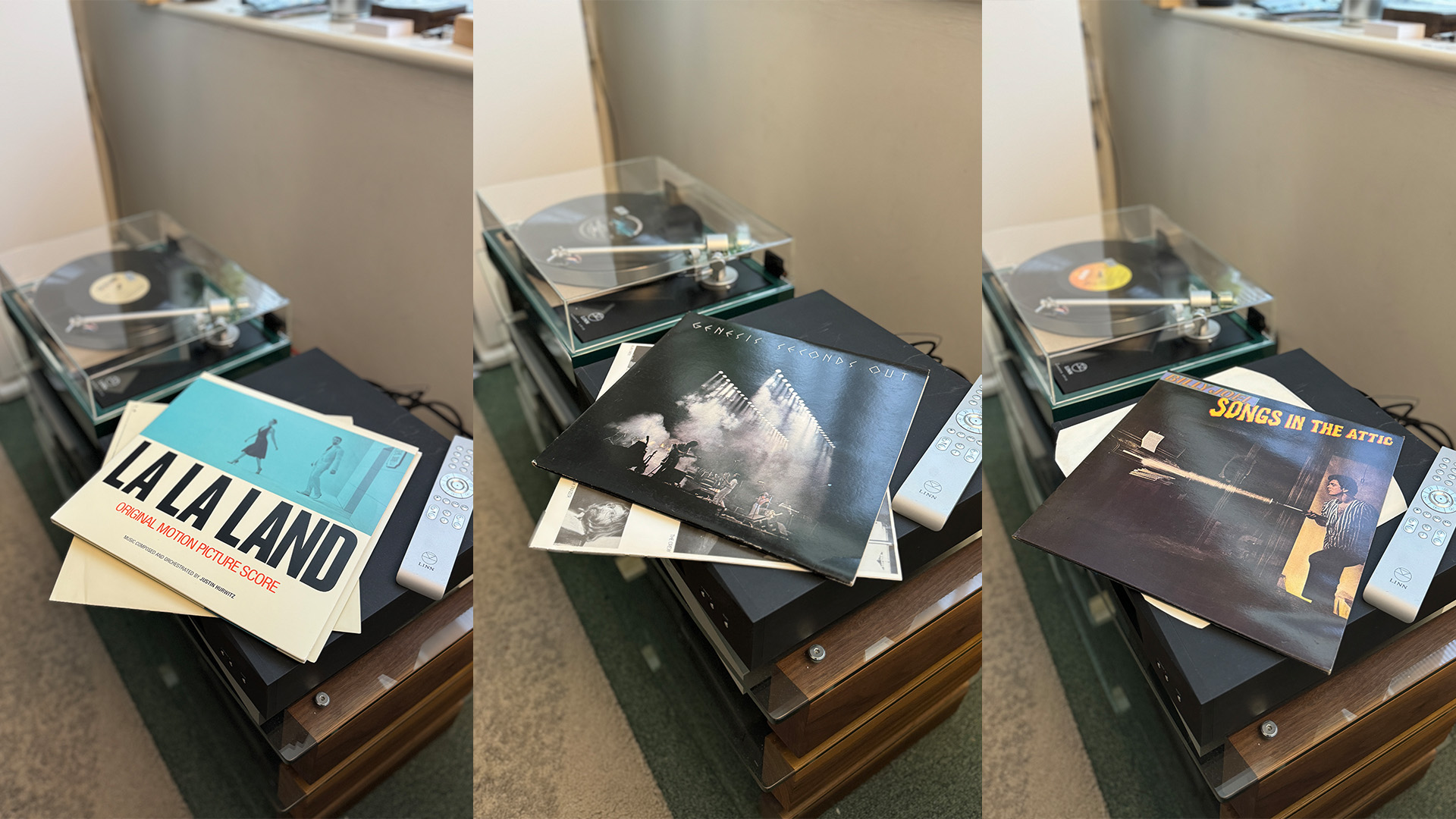 Three images of vinyl sleeves.  Each image has a record player in the background