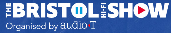 "The Bristol Hi-Fi Show" and "organised by audio T" in white on a blue background