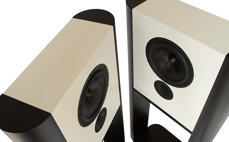 A pair of Grimm speakers in white