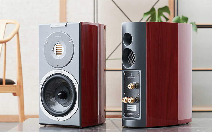 A pair of R1 Arrete speakers.  One showing the front, the other showing the rear