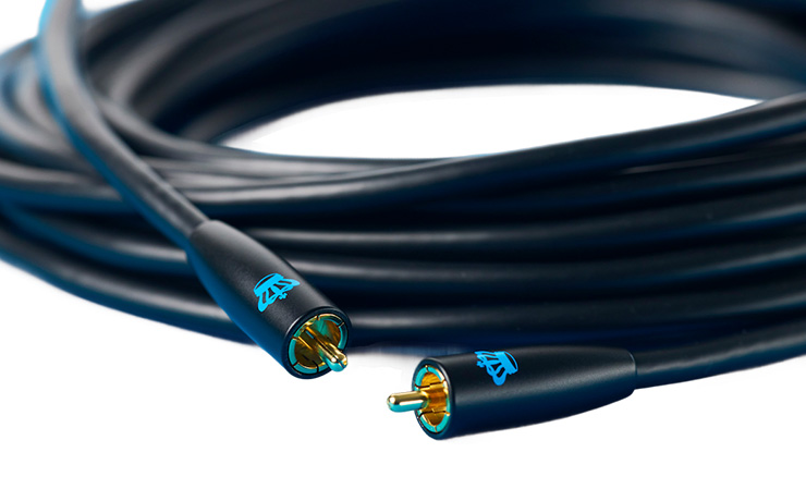 A black cable with RCA connectors at either end and a turquoise REL logo