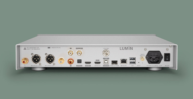 Lumin P1 Mini - Streamer, DAC, Pre-Amp rear view showing all the connection options and the on/off switch