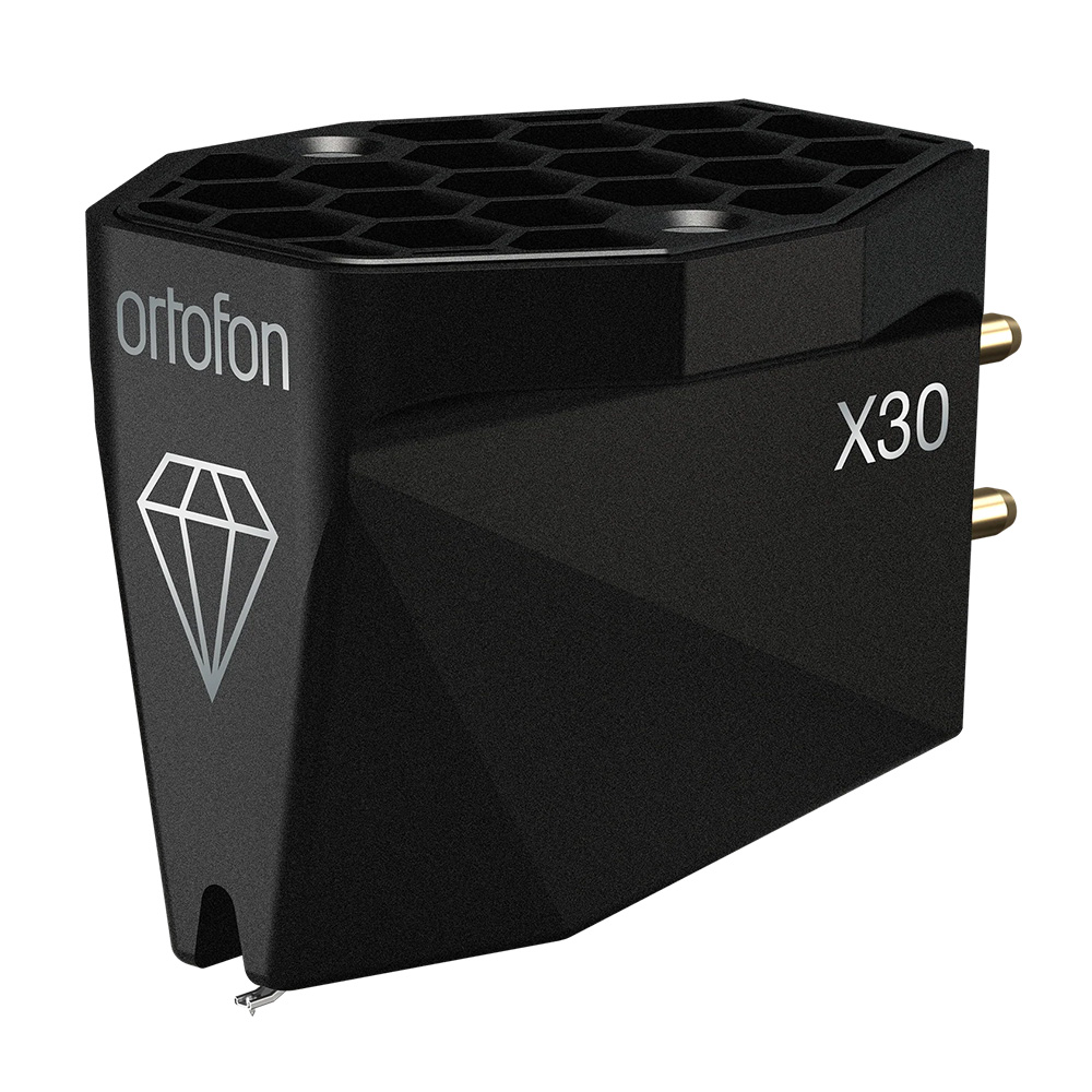 A black turntable cartridge with X30 on the side and 'ortofon' on the front and the Ortofon logo