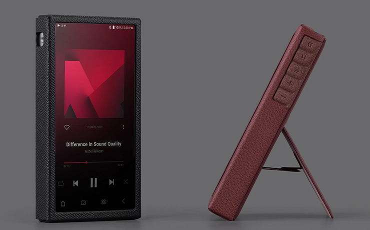 A pair of Astell & Kern PD10 cases with the players inside. One in burgundy and one in black