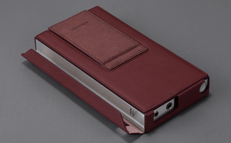 The burgundy Astell & Kern PD10 Case with the player inside
