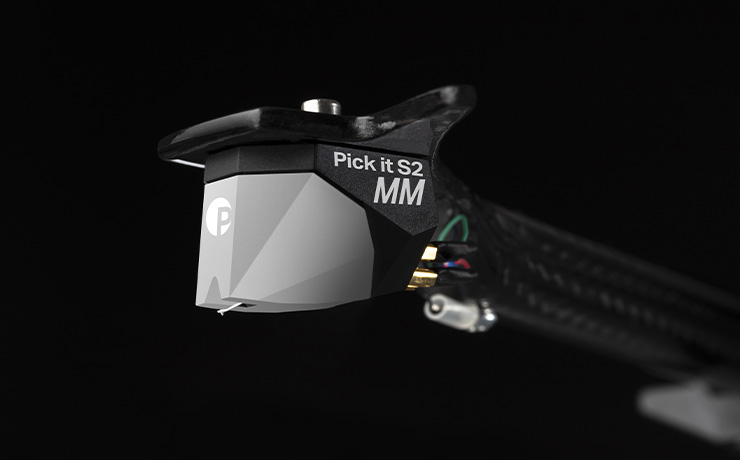 Project Pick-IT S2 MM Cartridge on a black tonearm with a black background