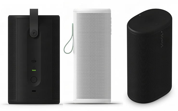 Three Sonos Play speakers: a black one rear facing, white one side facing and black one angled so the front, top and side are in view