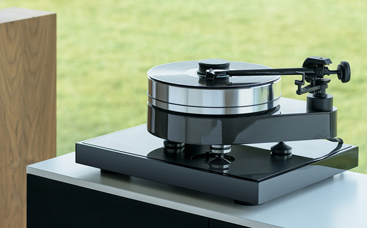 Project RPM 10 Carbon Turntable on a unit in front of a window
