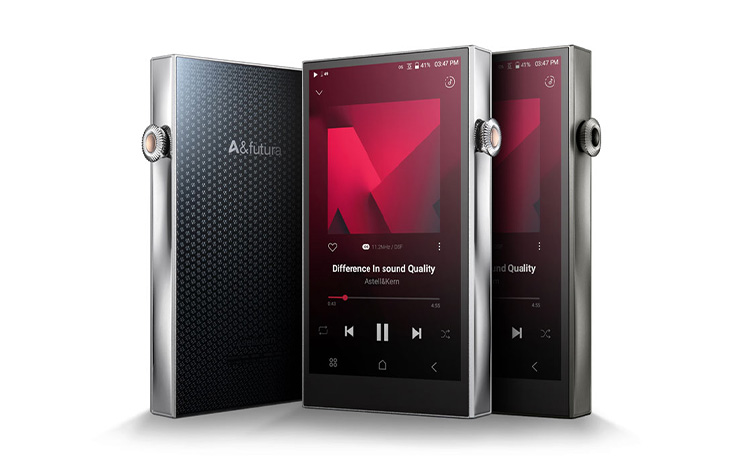 Three Astell & Kern SE300 Portable Music Players standing on their short end. Two front facing, one rear and side facing