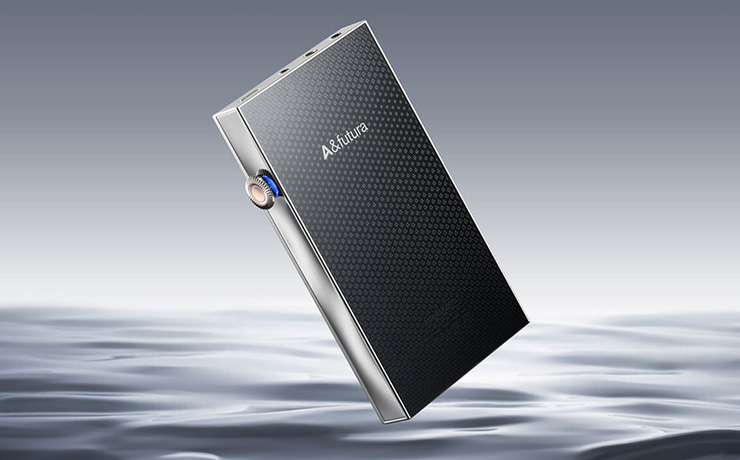 Astell & Kern SE300 Portable Music Player viewed from the back on top of silver waves