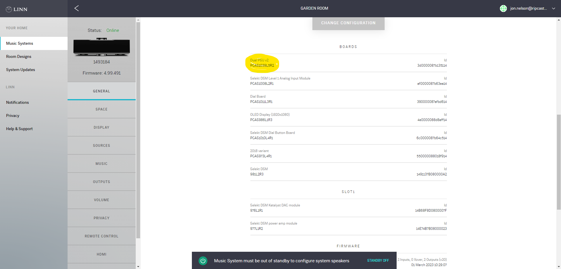 Manage Systems Shows the Components installed in the Linn Selkt DSM