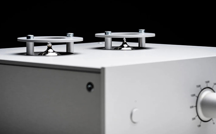 Project Tube Box DS3 B Phono Preamplifier in silver - focused on the top tubes