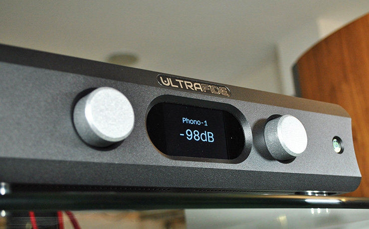 The Ultrafide U4PRE on the top shelf of a HiFi rack - display shows "Phono-1" and, below that, "-98dB"