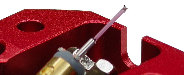 the cartridge is viewed upside down to give a close-up of the stylus