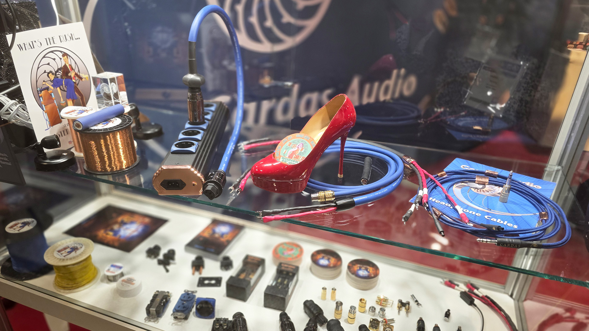 Various items in a cabinet at the Vienna HiFi Show