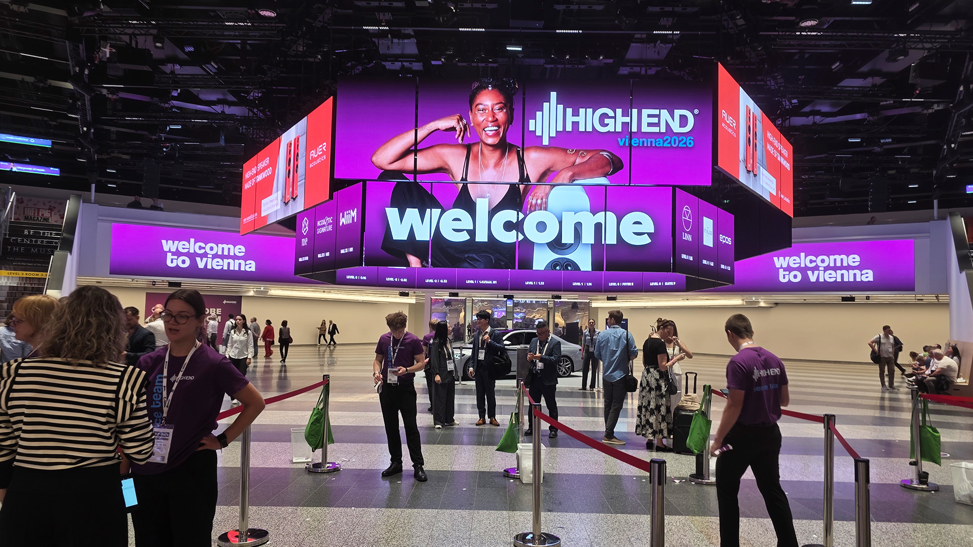 The entrance to the HiFi show viewed front on with people milling about