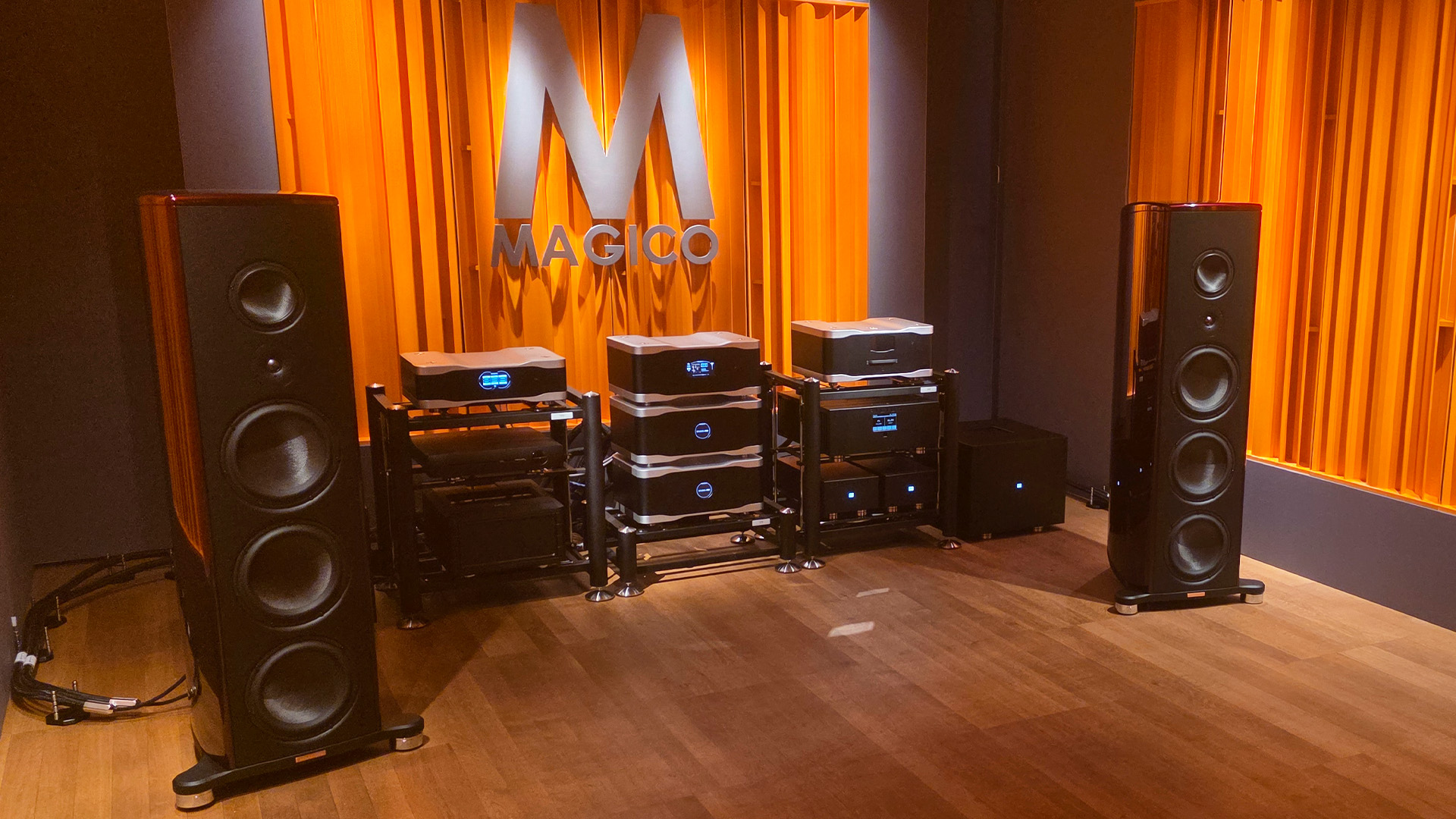 The Magico room with two floorstanding speakers and HiFi units in between