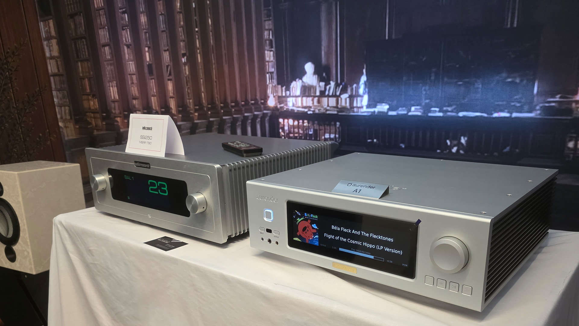 Two HiFi units in silver on a table at the Vienna HiFi Show