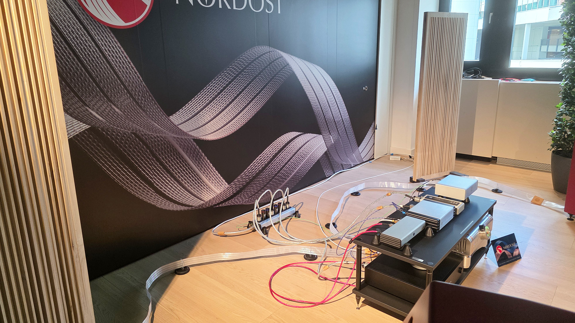The Nordost room - a view of the cables plugged into the back of various units
