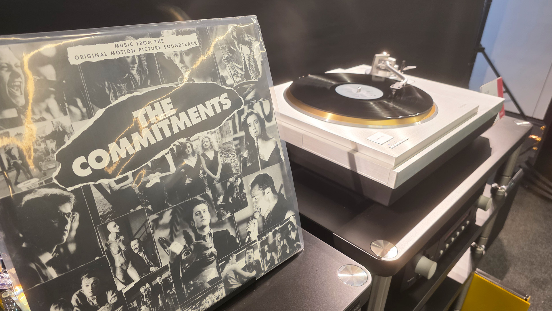 The Commitments on vinyl standing up and a white turntable beside it