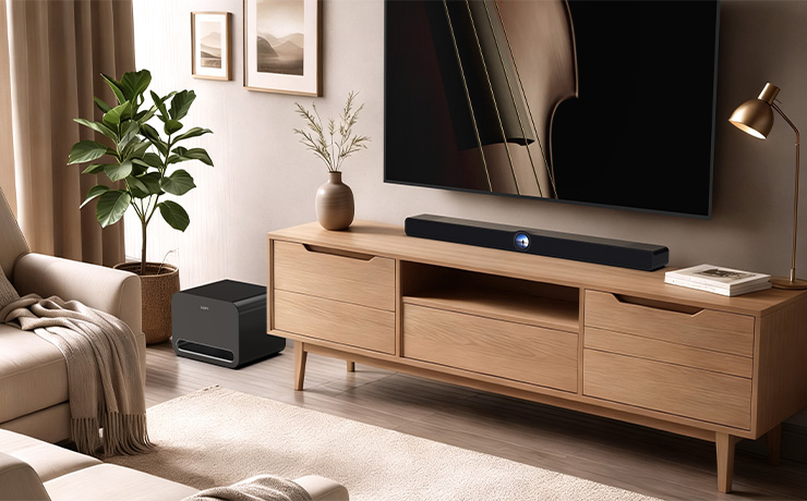The WiiM Bar on a wooden sideboard in a living room